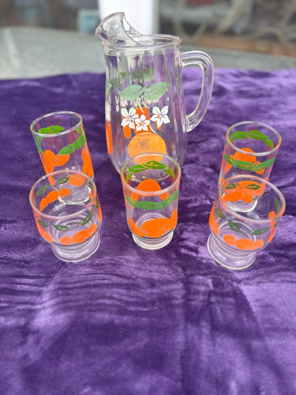 Vintage Clear Glass 1 Qt Pitcher w/ Handle, Hand Painted Floral 5pc Tumbler Set